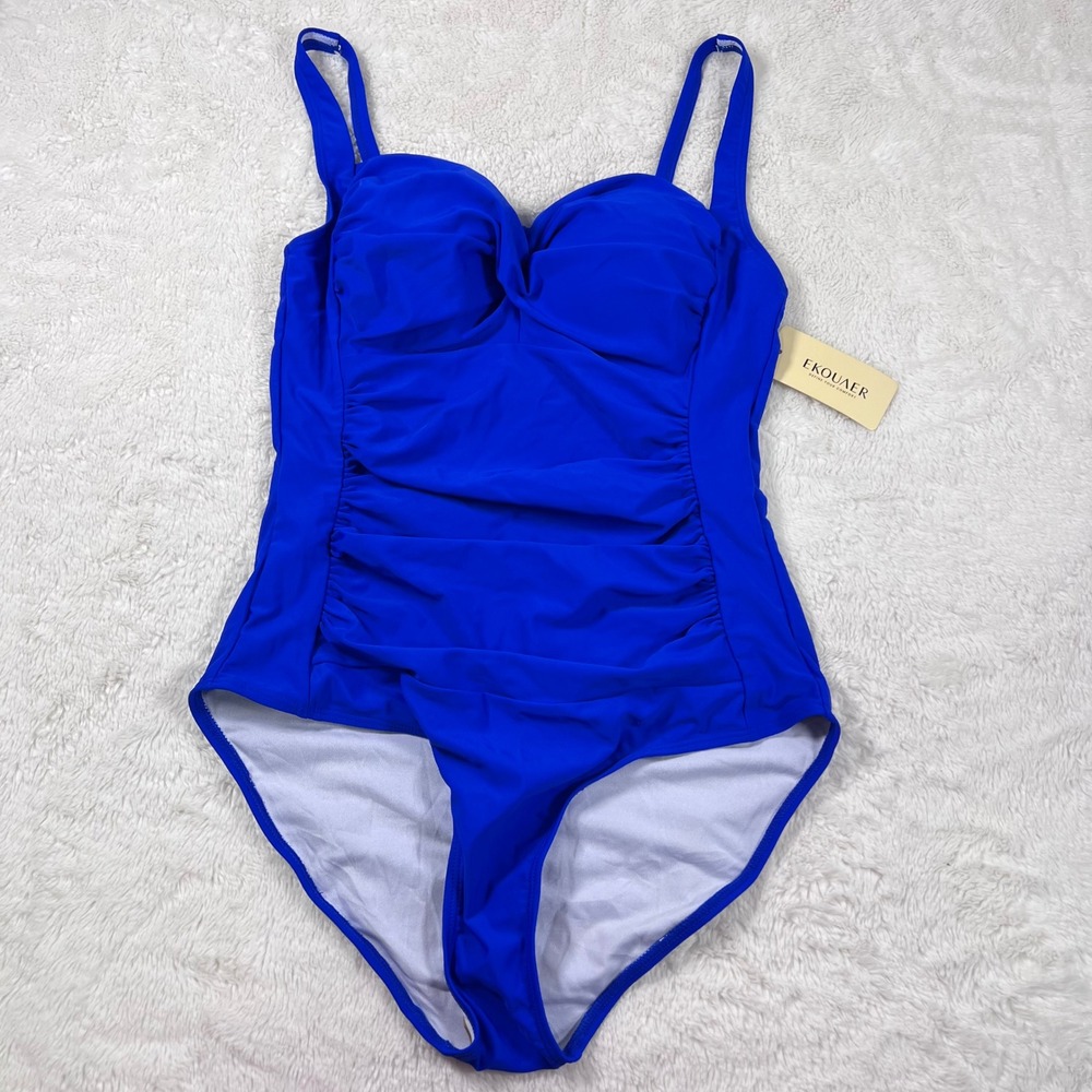 Ekouaer Womens Royal Blue Ruched One Piece Swimsuit Padded Sweetheart Size L NEW - Picture 3 of 11